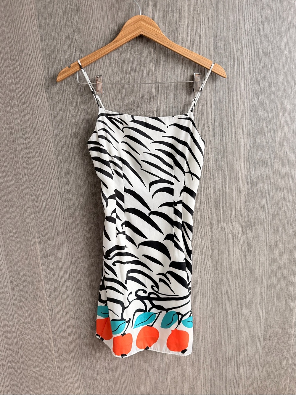 STAUD Black & White Zebra-Print Slip Dress with Orange & Teal Fruit Hem